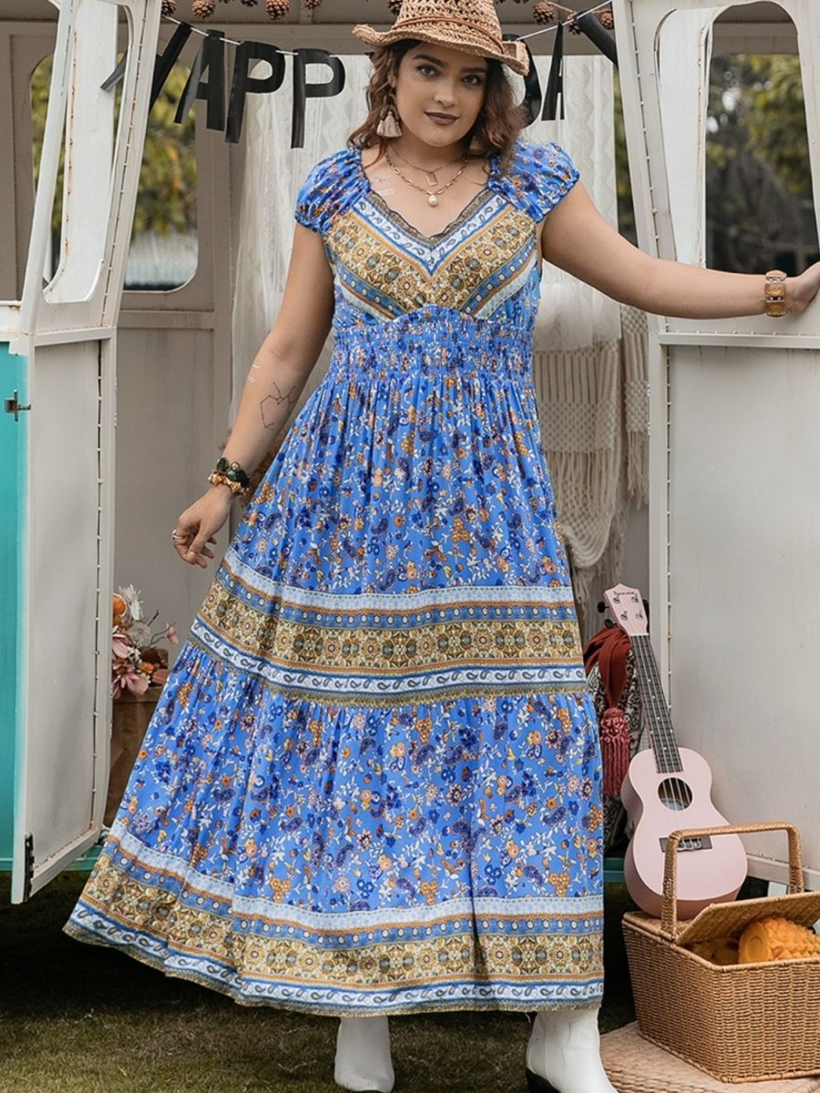 Plus Size Smocked Printed Cap Sleeve Dress - Day Dress