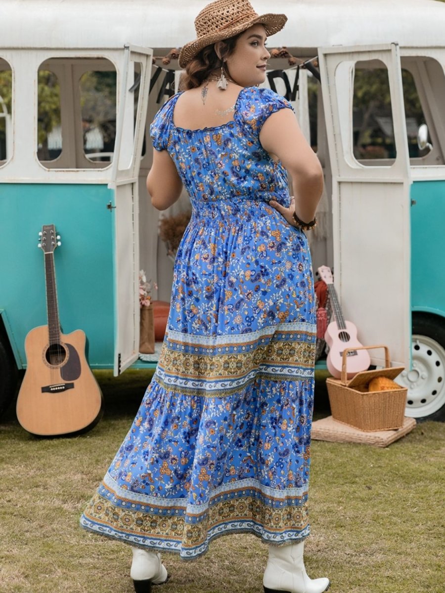 Plus Size Smocked Printed Cap Sleeve Dress - Day Dress