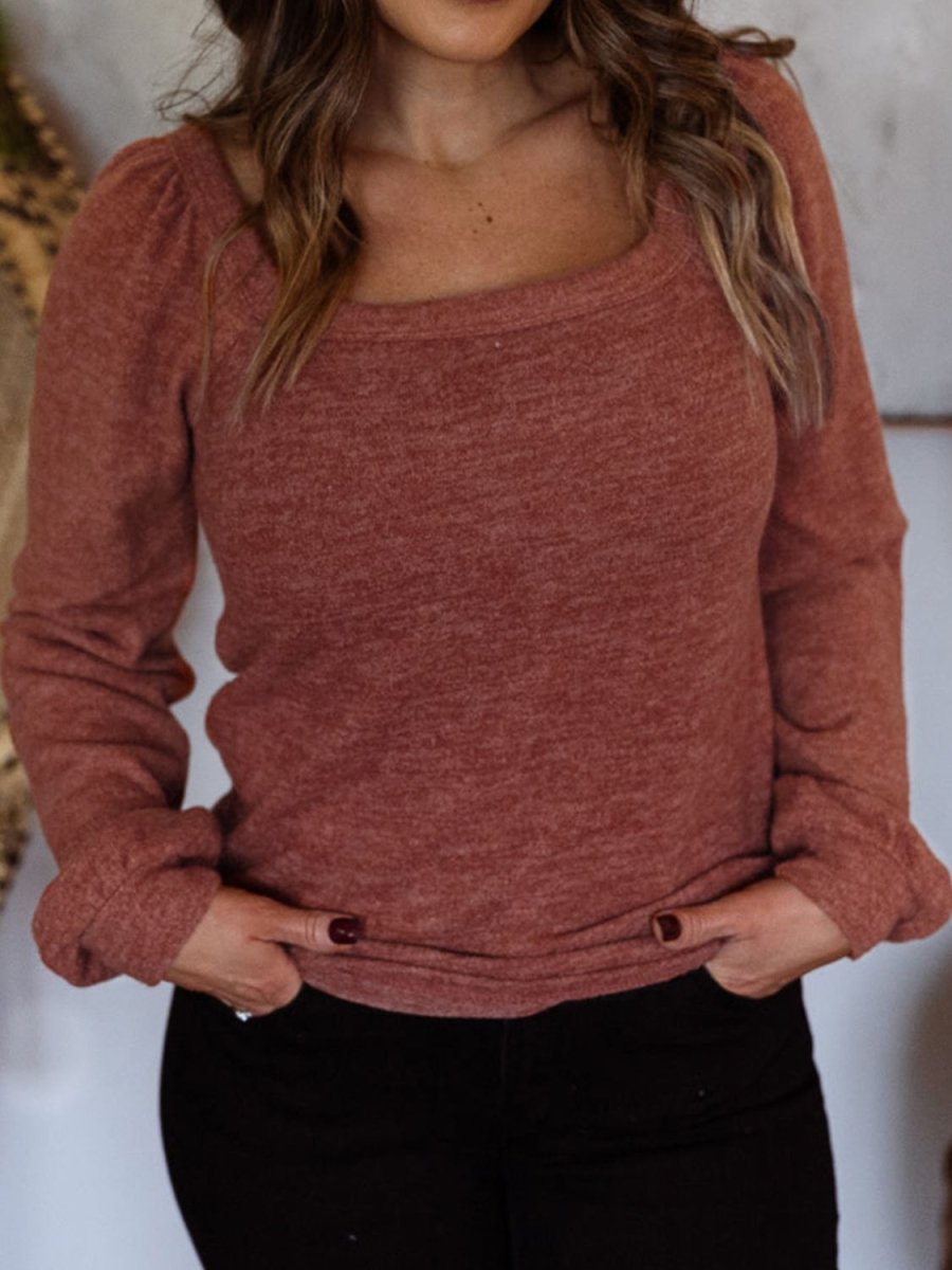 Plus Size Square Neck Long Sleeve T-Shirt - Top