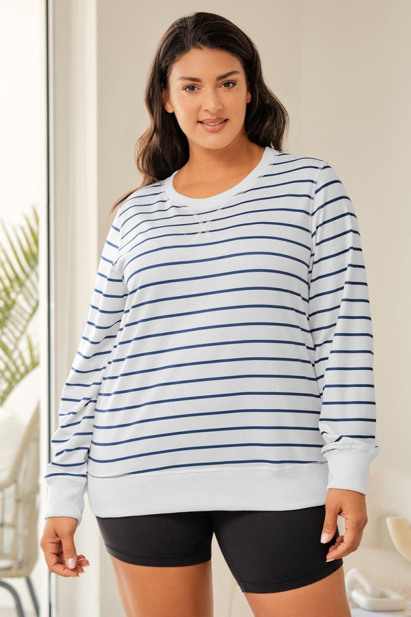 Plus Size Striped Round Neck Long Sleeve T-Shirt - Top