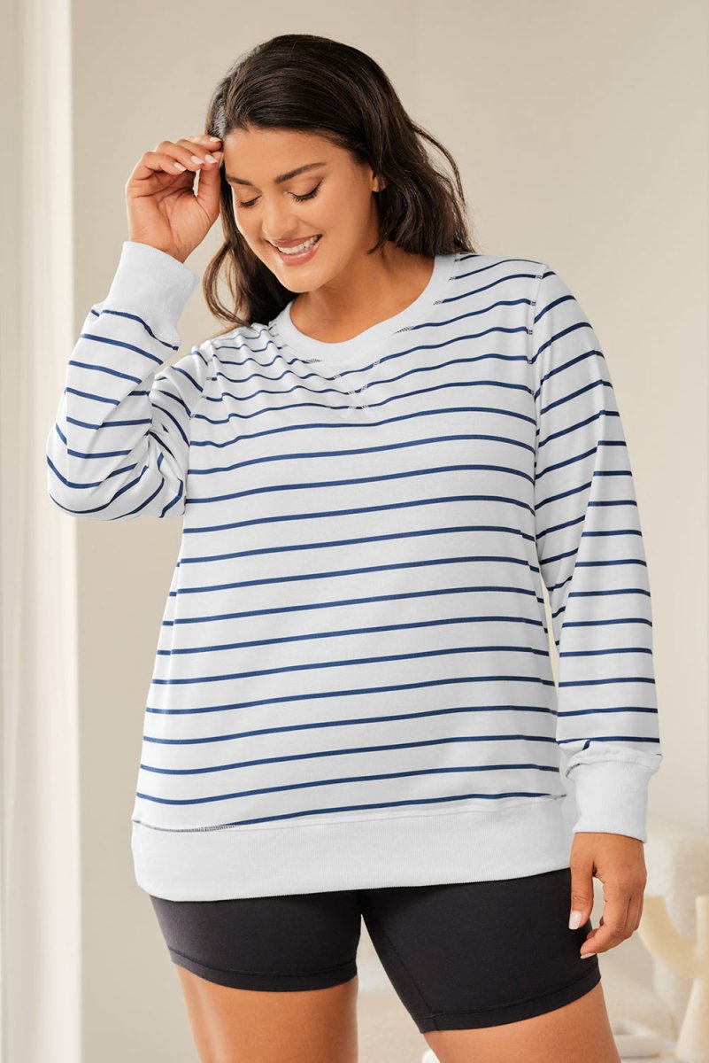 Plus Size Striped Round Neck Long Sleeve T-Shirt - Top
