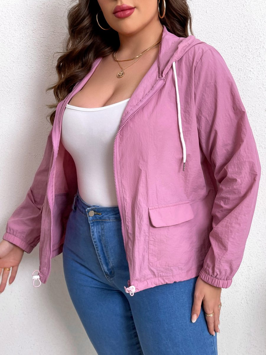 Plus Size Zip - Up Drawstring Hooded Jacket with Pockets - Outerwear