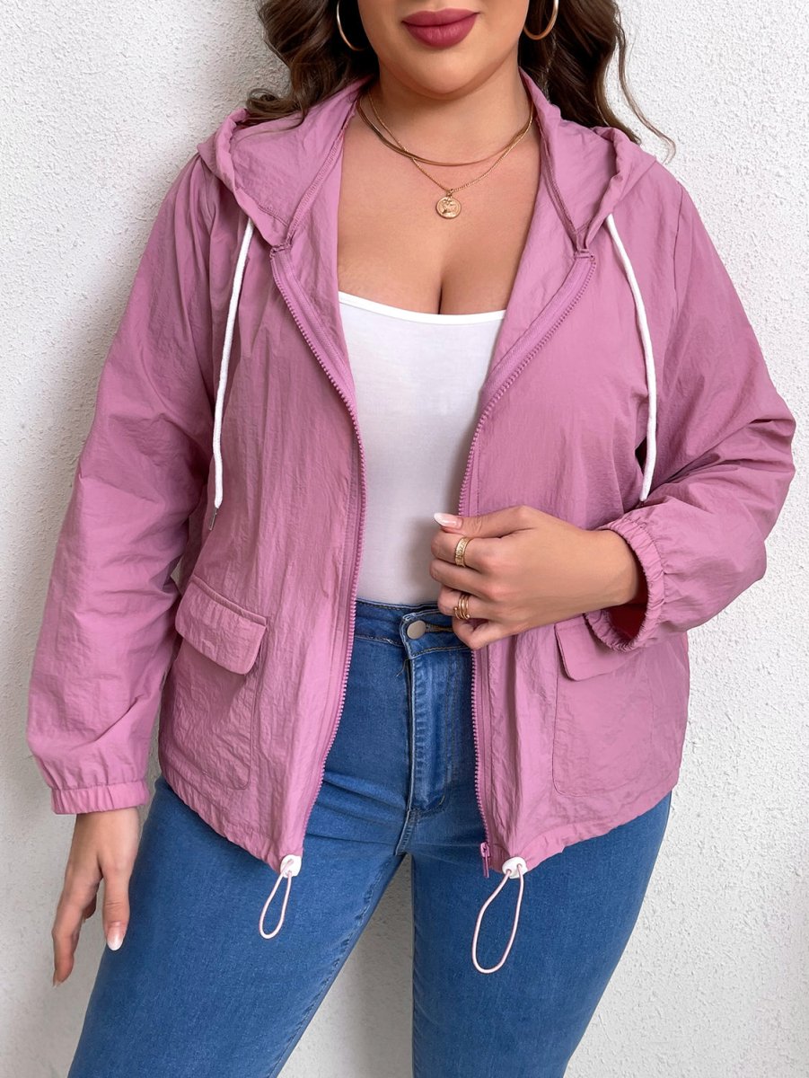 Plus Size Zip - Up Drawstring Hooded Jacket with Pockets - Outerwear