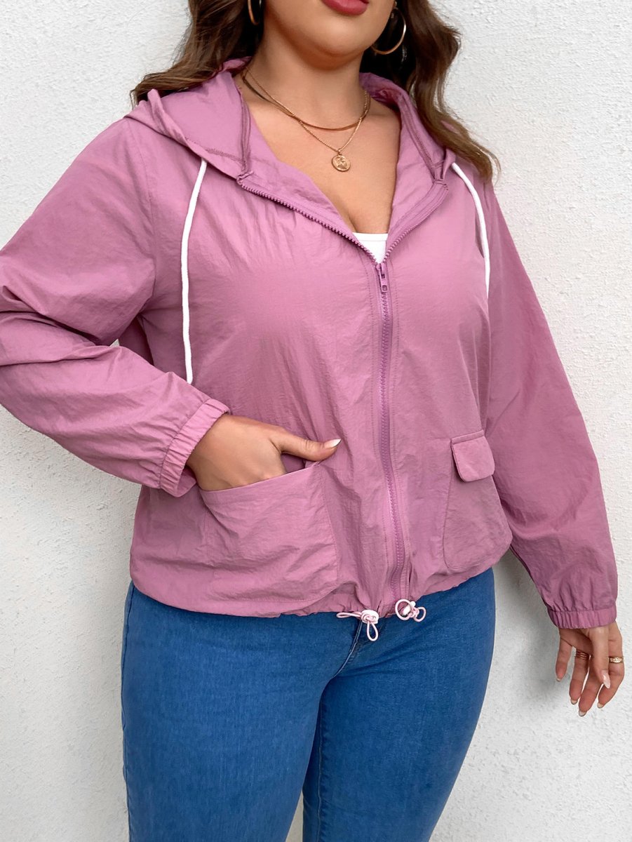Plus Size Zip - Up Drawstring Hooded Jacket with Pockets - Outerwear