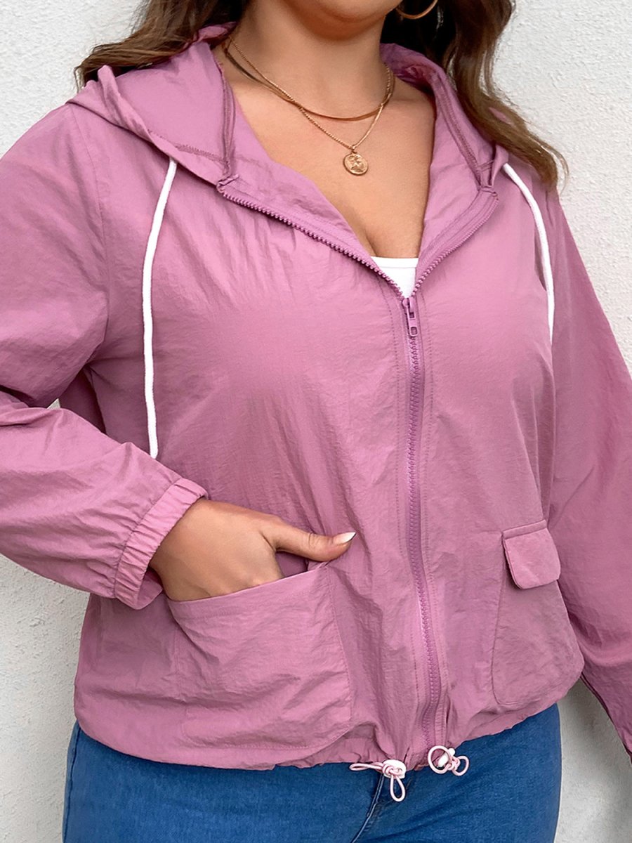 Plus Size Zip - Up Drawstring Hooded Jacket with Pockets - Outerwear