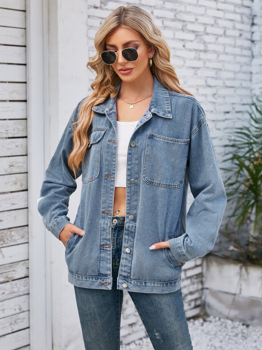 Pocketd Button Up Detachable Hooded Denim Jacket - Outerwear