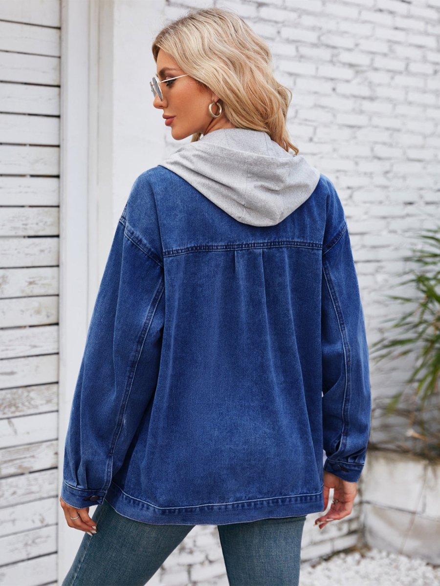 Pocketd Button Up Detachable Hooded Denim Jacket - Outerwear