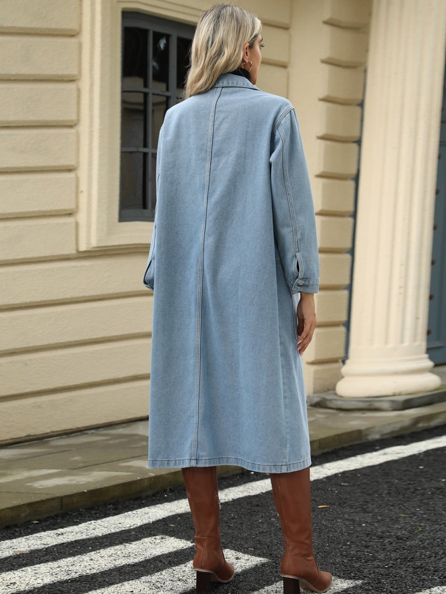 Pocketed Button Down Collared Neck Denim Jacket - Outerwear