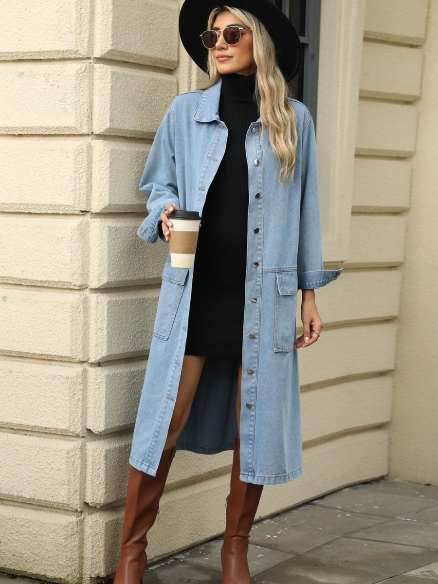 Pocketed Button Down Collared Neck Denim Jacket - Outerwear