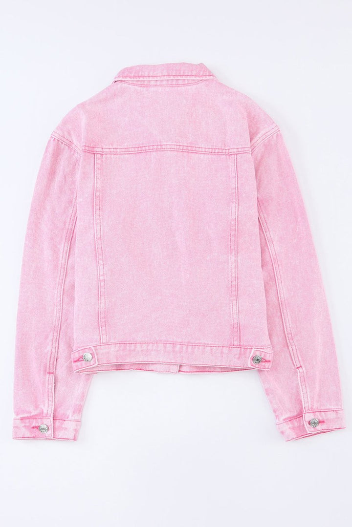 Pocketed Button Up Collared Neck Denim Jacket - Outerwear