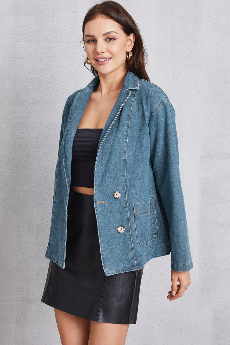 Pocketed Button Up Denim Jacket - Outerwear