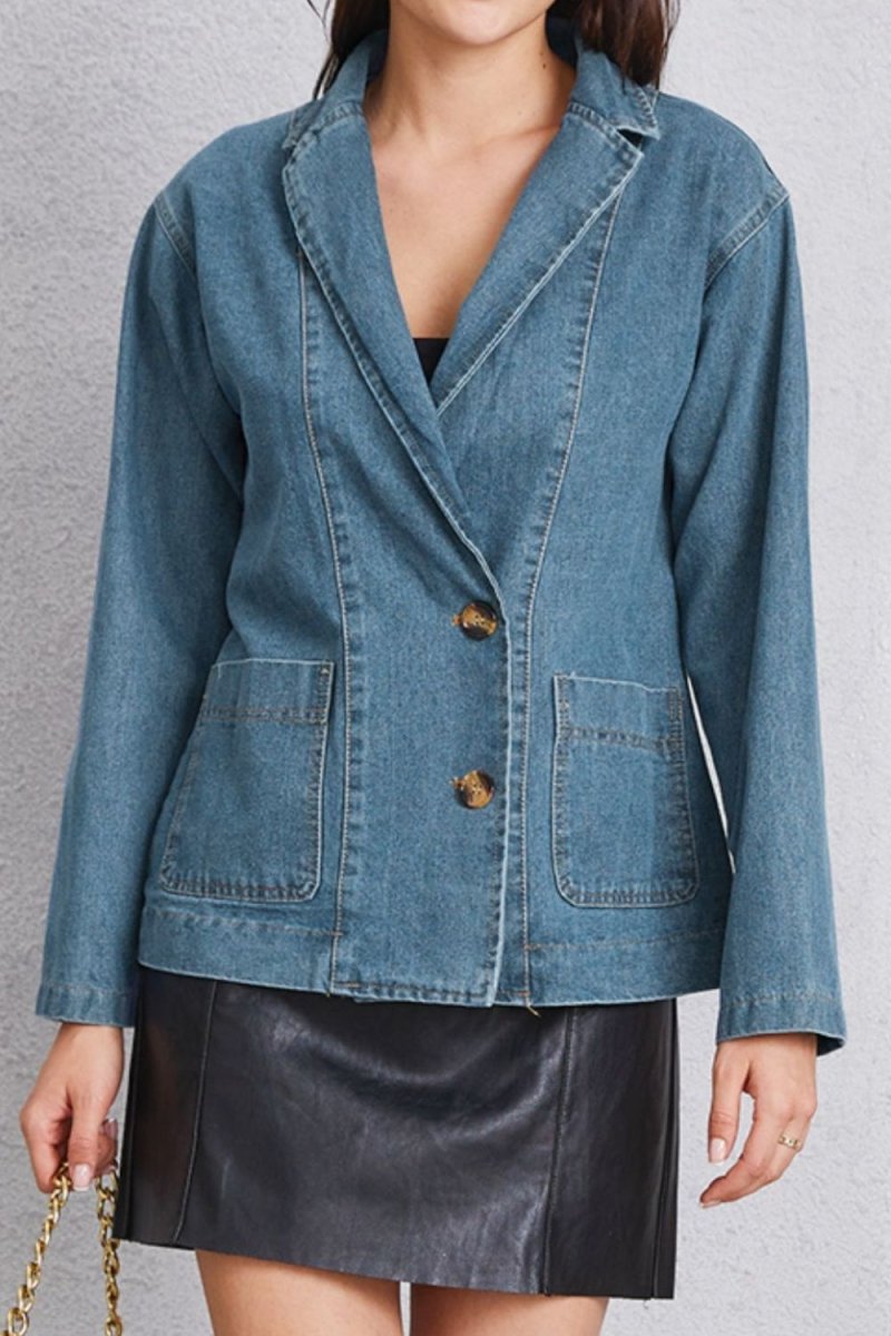 Pocketed Button Up Denim Jacket - Outerwear