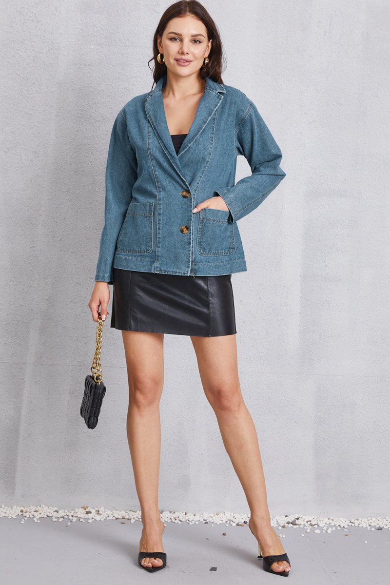 Pocketed Button Up Denim Jacket - Outerwear