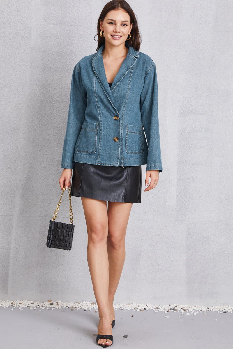 Pocketed Button Up Denim Jacket - Outerwear