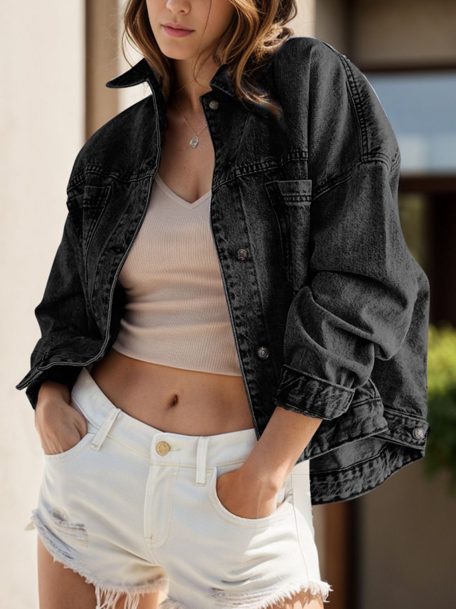 Pocketed Button Up Denim Jacket - Outerwear