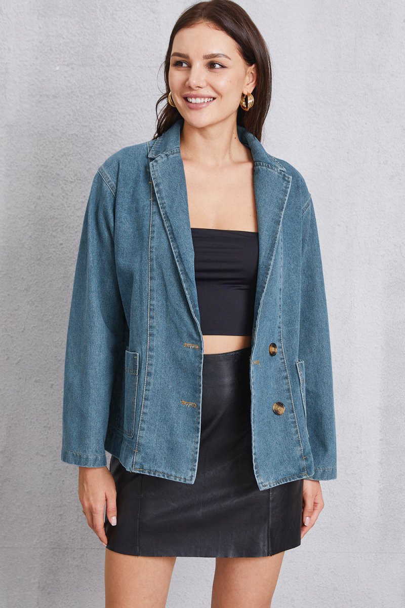 Pocketed Button Up Denim Jacket - Outerwear