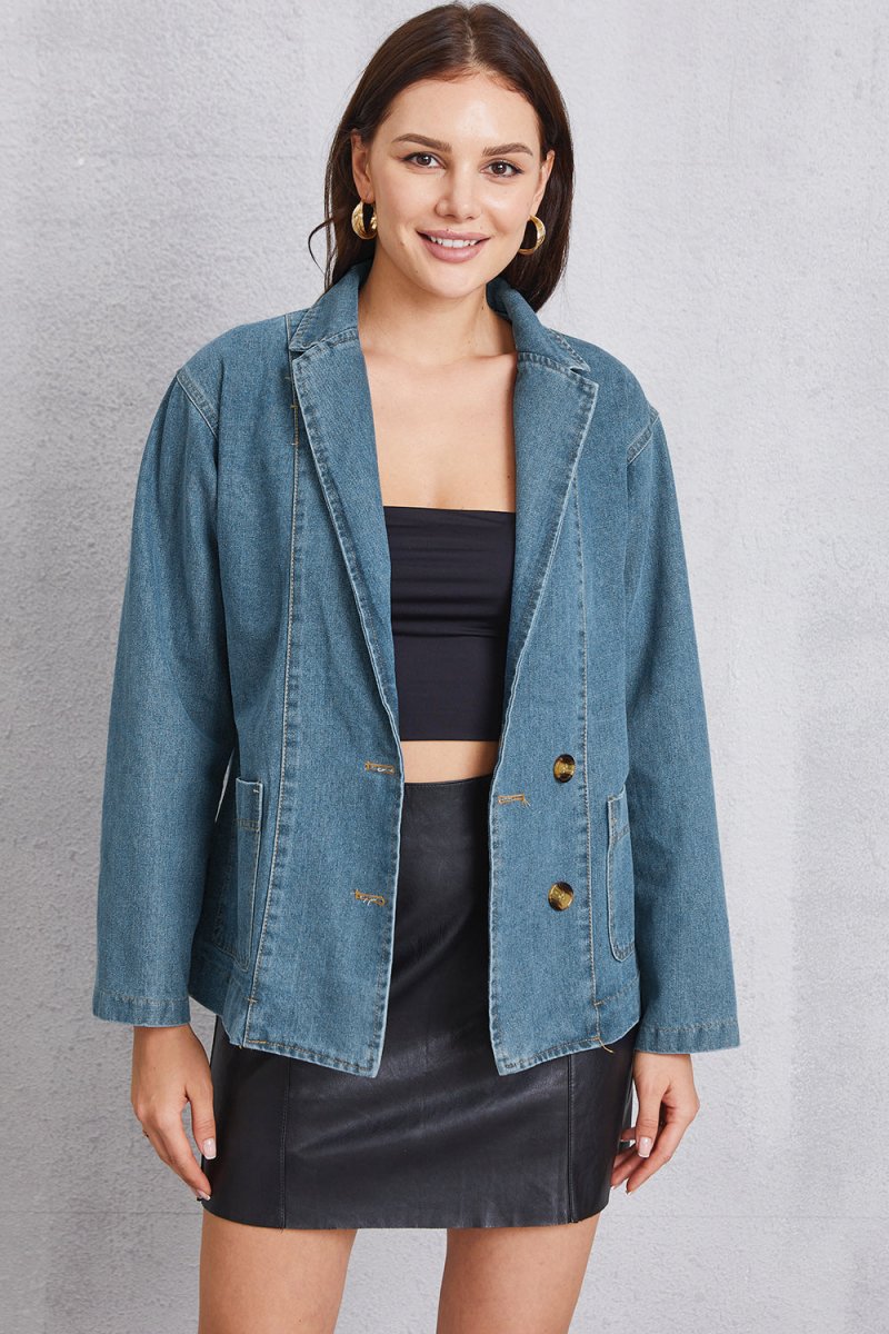 Pocketed Button Up Denim Jacket - Outerwear