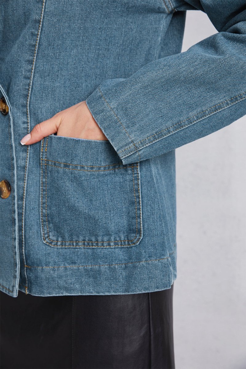 Pocketed Button Up Denim Jacket - Outerwear