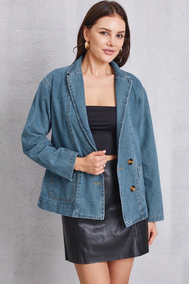Pocketed Button Up Denim Jacket - Outerwear
