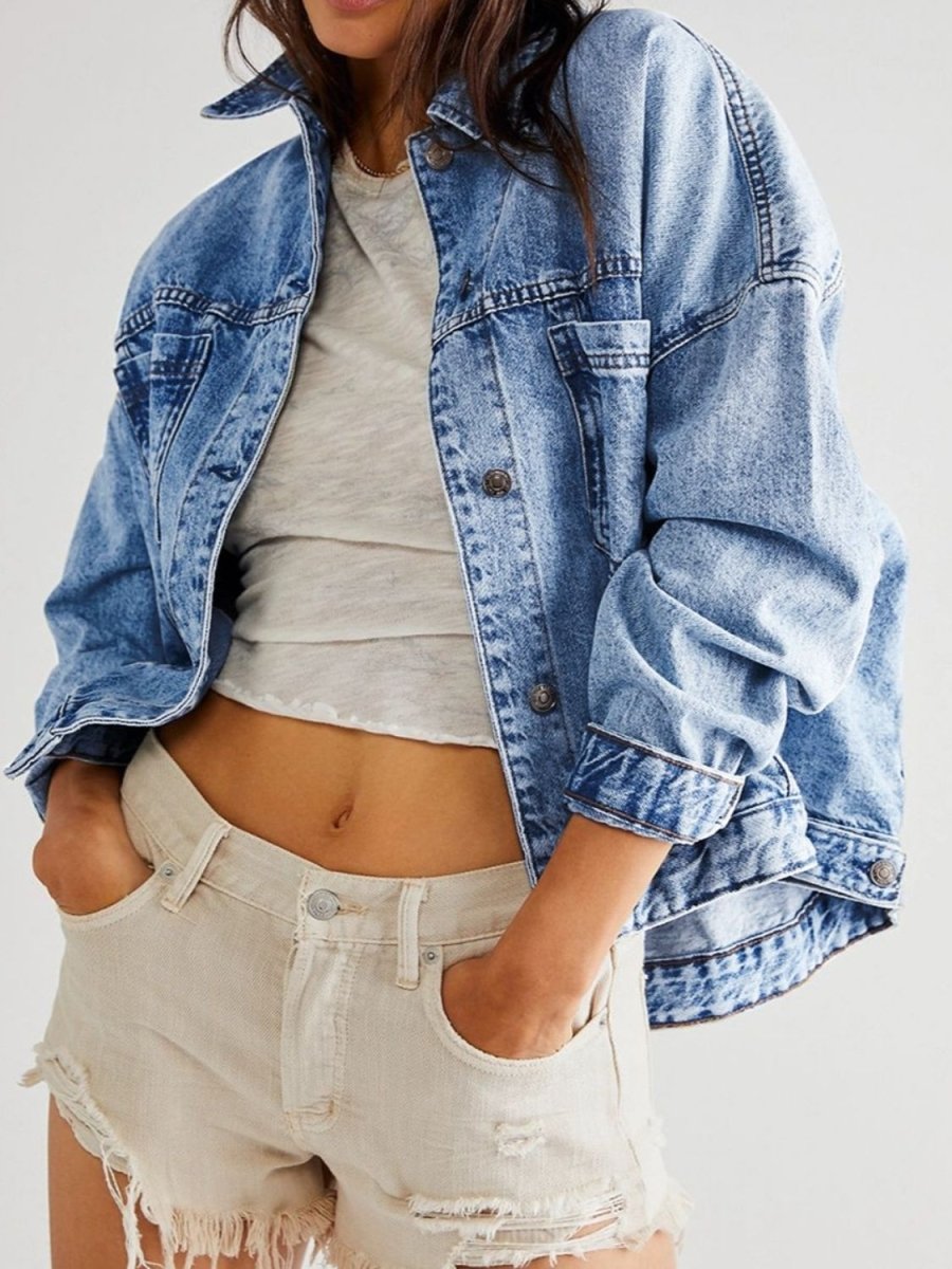 Pocketed Button Up Denim Jacket - Outerwear