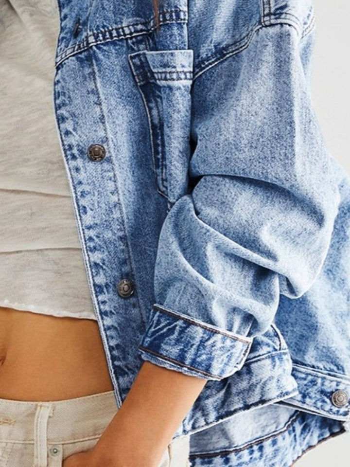 Pocketed Button Up Denim Jacket - Outerwear
