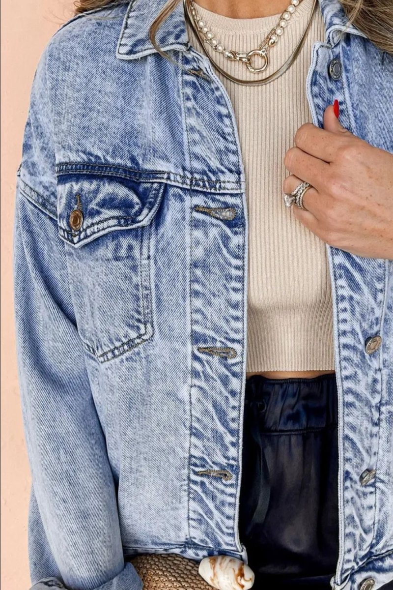 Pocketed Button Up Dropped Shoulder Denim Jacket - Outerwear