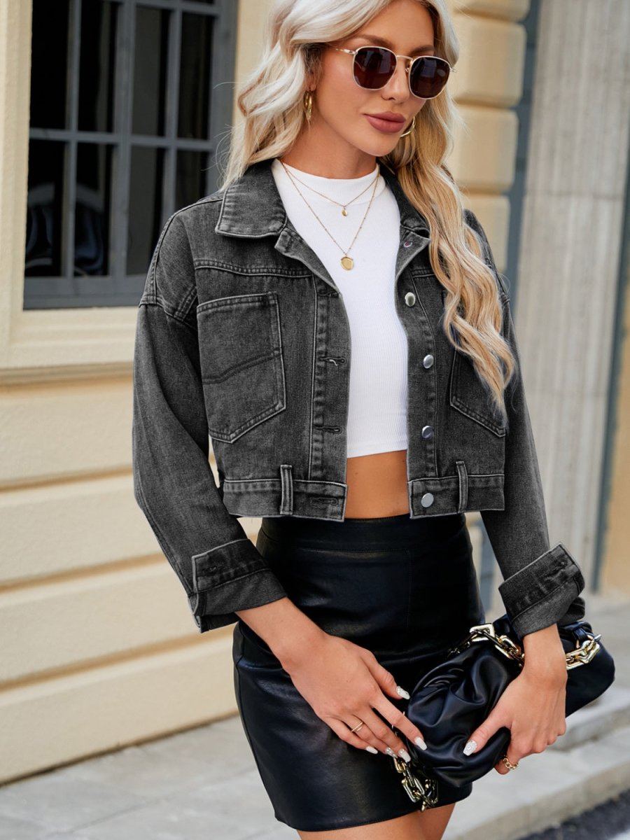 Pocketed Button Up Dropped Shoulder Denim Jacket - Outerwear