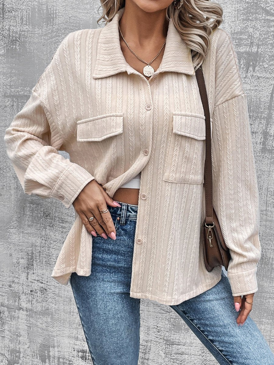 Pocketed Button Up Dropped Shoulder Jacket - Outerwear
