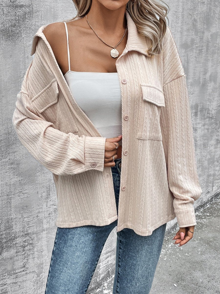 Pocketed Button Up Dropped Shoulder Jacket - Outerwear