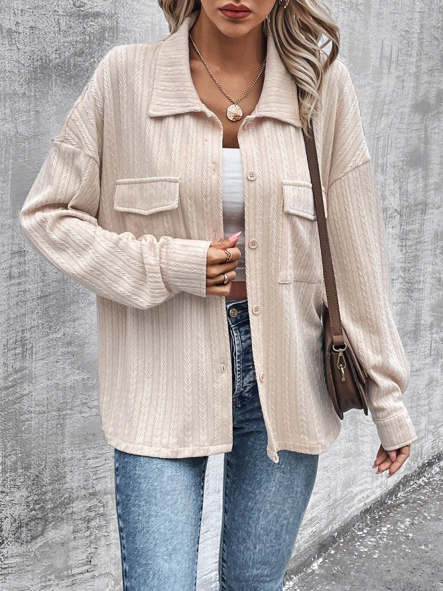 Pocketed Button Up Dropped Shoulder Jacket - Outerwear