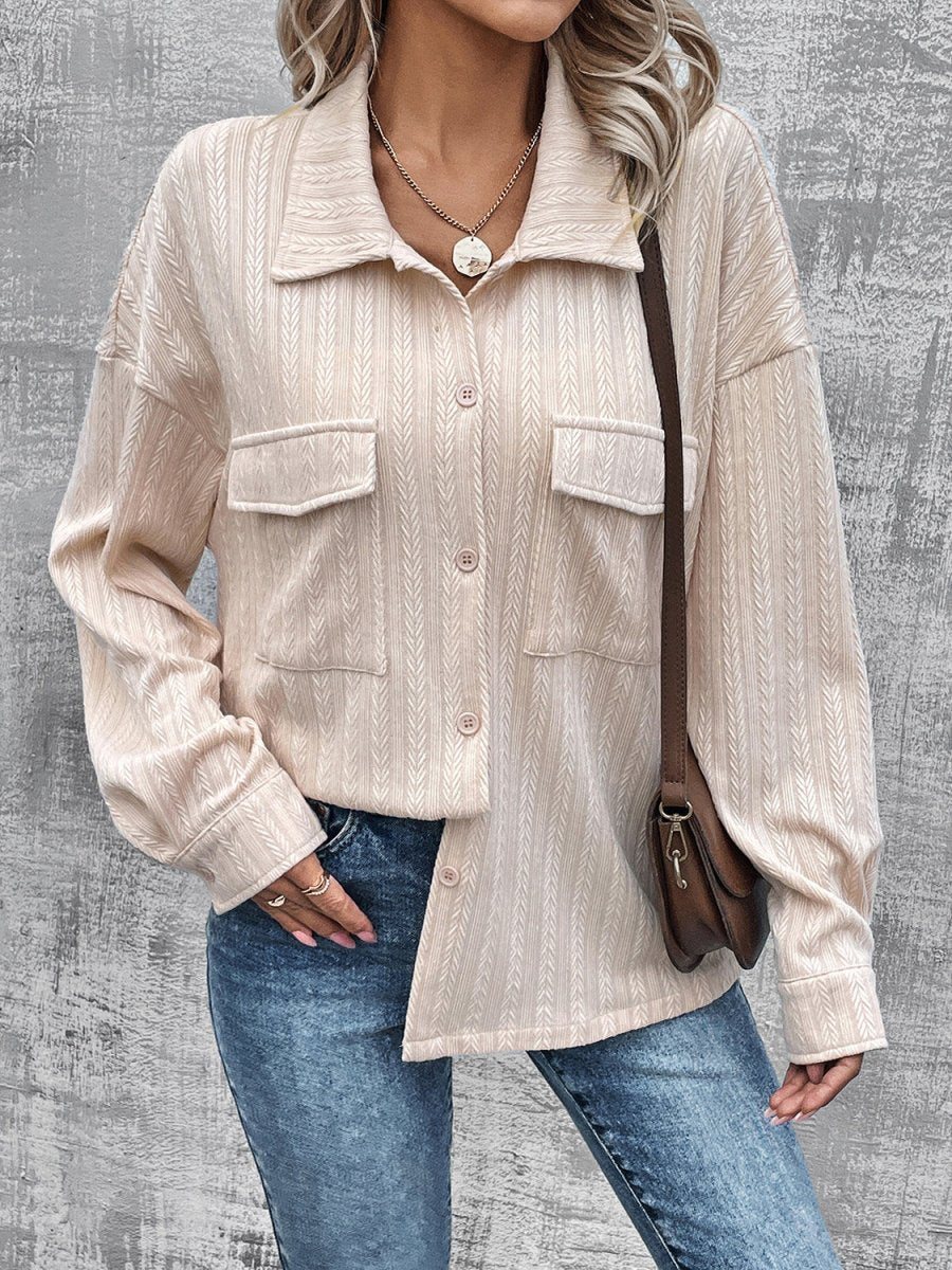 Pocketed Button Up Dropped Shoulder Jacket - Outerwear