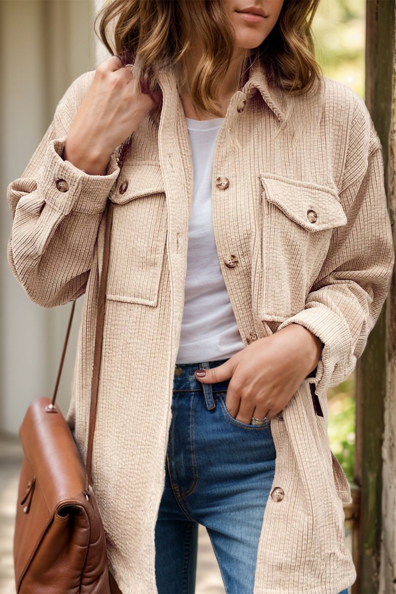 Pocketed Button Up Dropped Shoulder Shacket - Outerwear