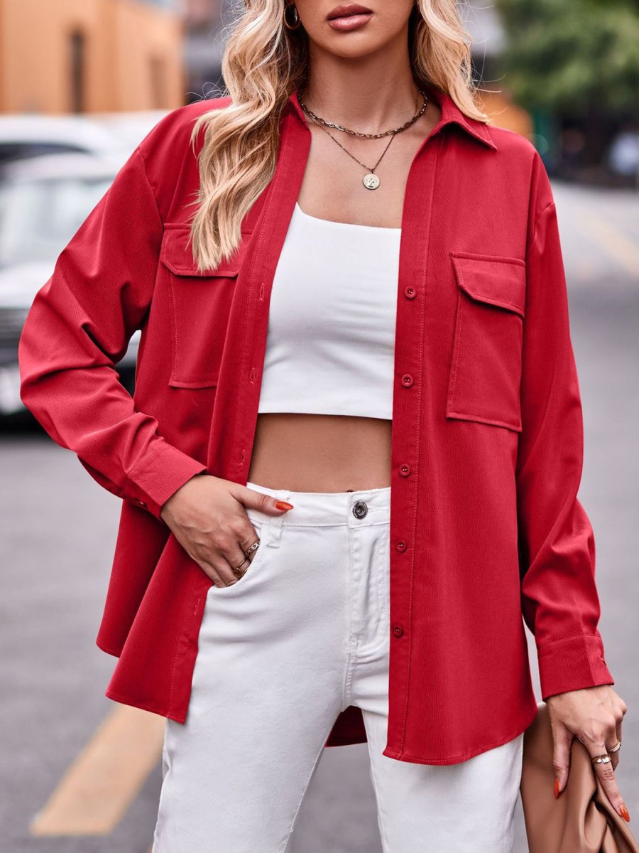 Pocketed Button Up Dropped Shoulder Shacket - Outerwear