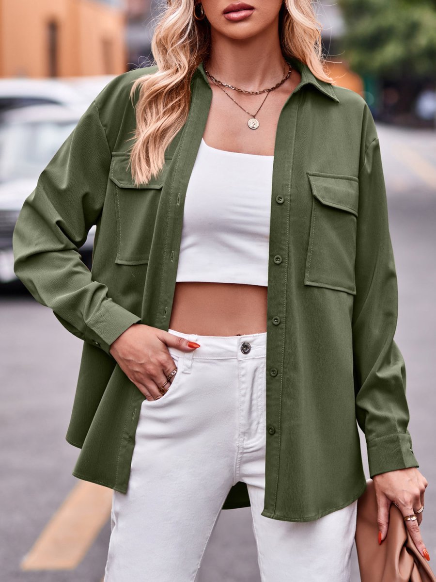 Pocketed Button Up Dropped Shoulder Shacket - Outerwear