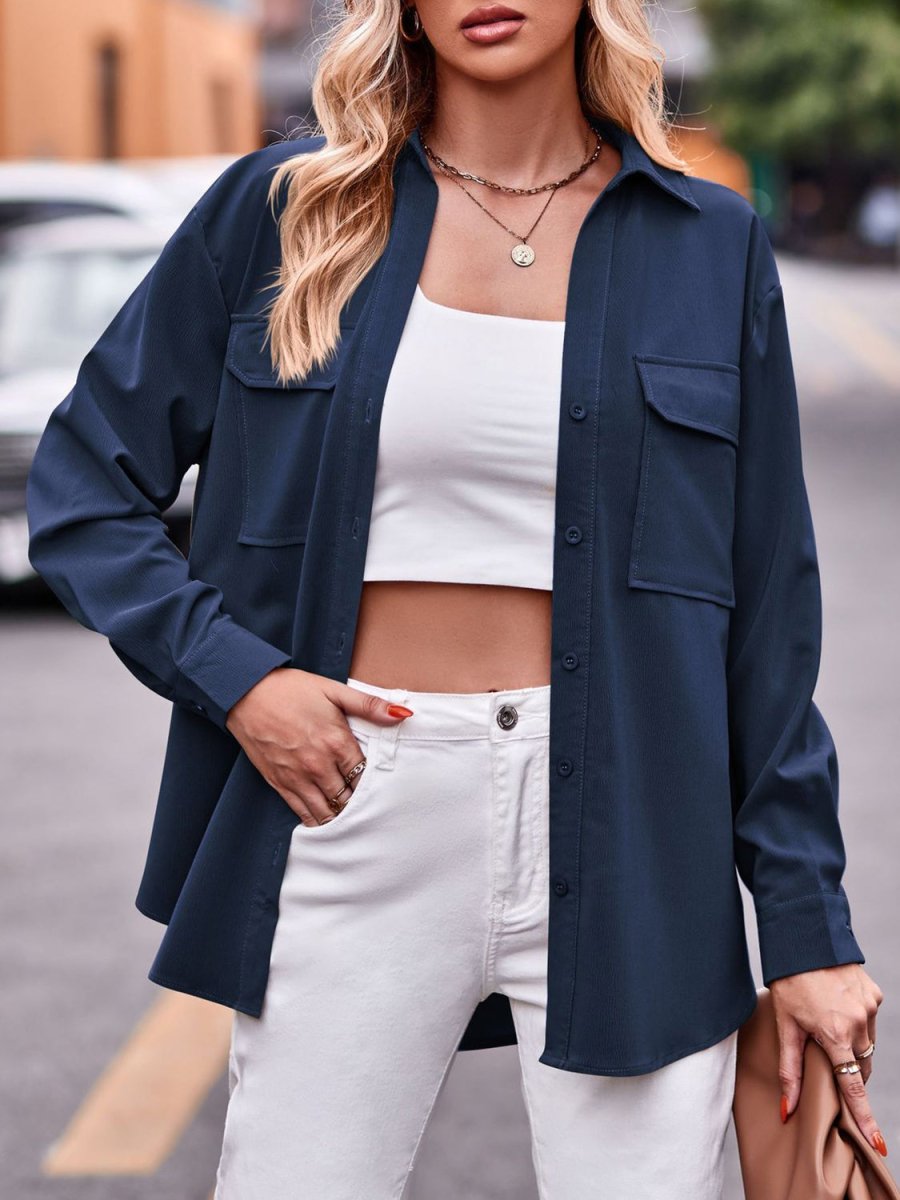 Pocketed Button Up Dropped Shoulder Shacket - Outerwear