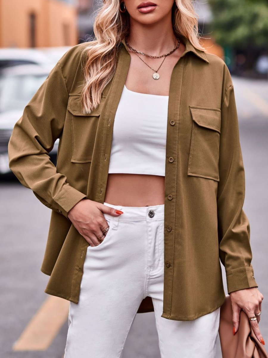 Pocketed Button Up Dropped Shoulder Shacket - Outerwear