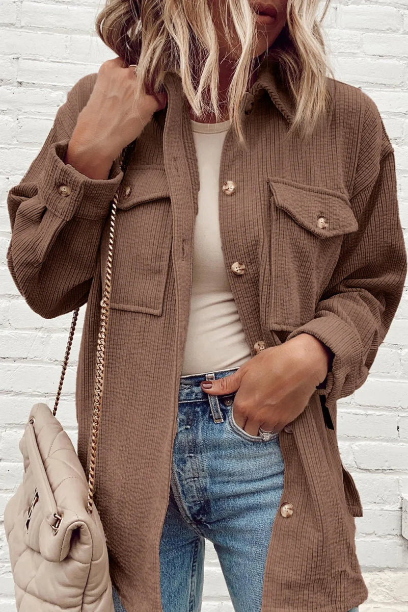 Pocketed Button Up Dropped Shoulder Shacket - Outerwear