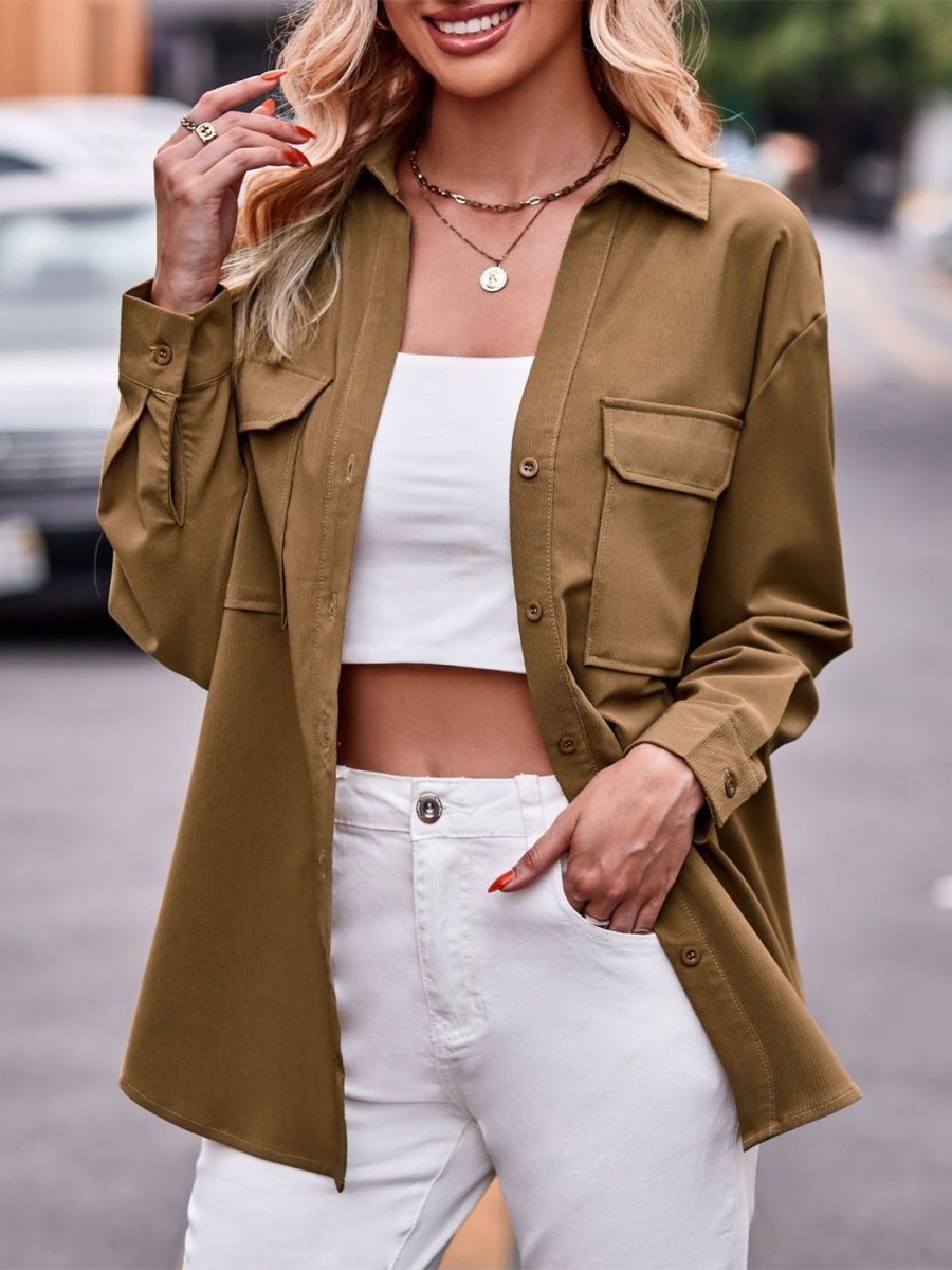Pocketed Button Up Dropped Shoulder Shacket - Outerwear