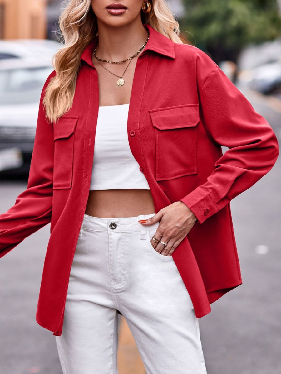 Pocketed Button Up Dropped Shoulder Shacket - Outerwear