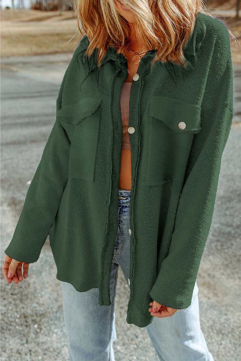 Pocketed Button Up Droppped Shoulder Jacket - Outerwear