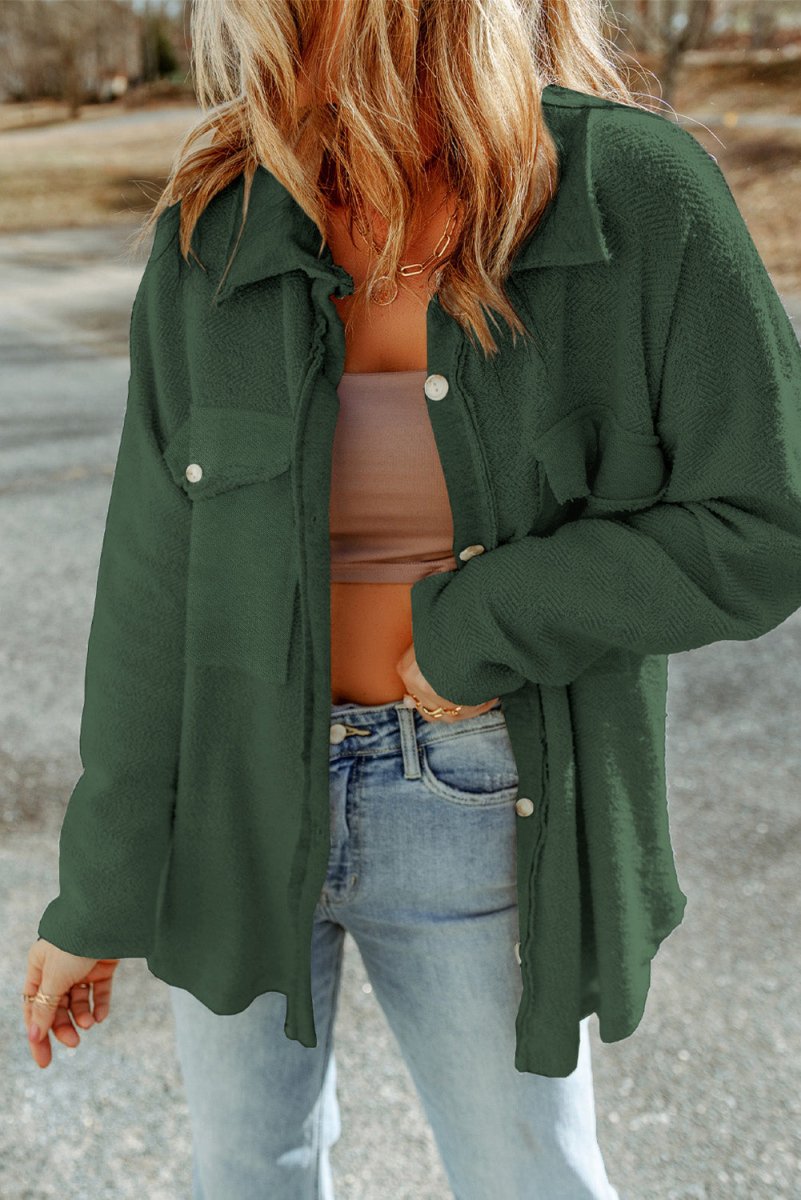 Pocketed Button Up Droppped Shoulder Jacket - Outerwear