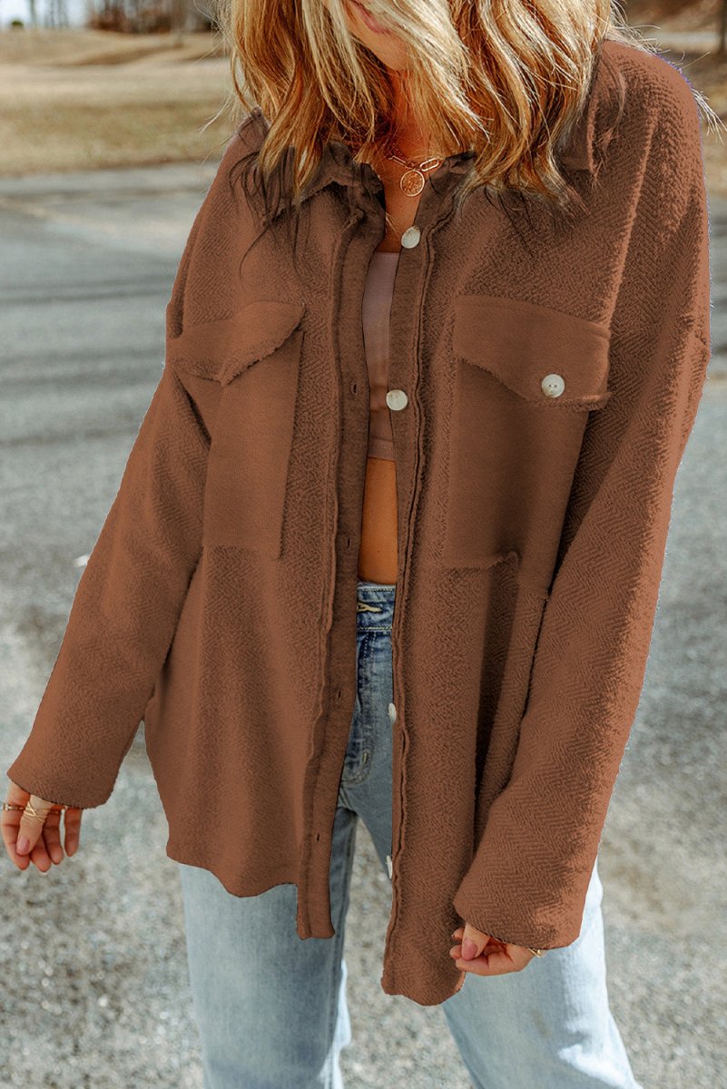 Pocketed Button Up Droppped Shoulder Jacket - Outerwear