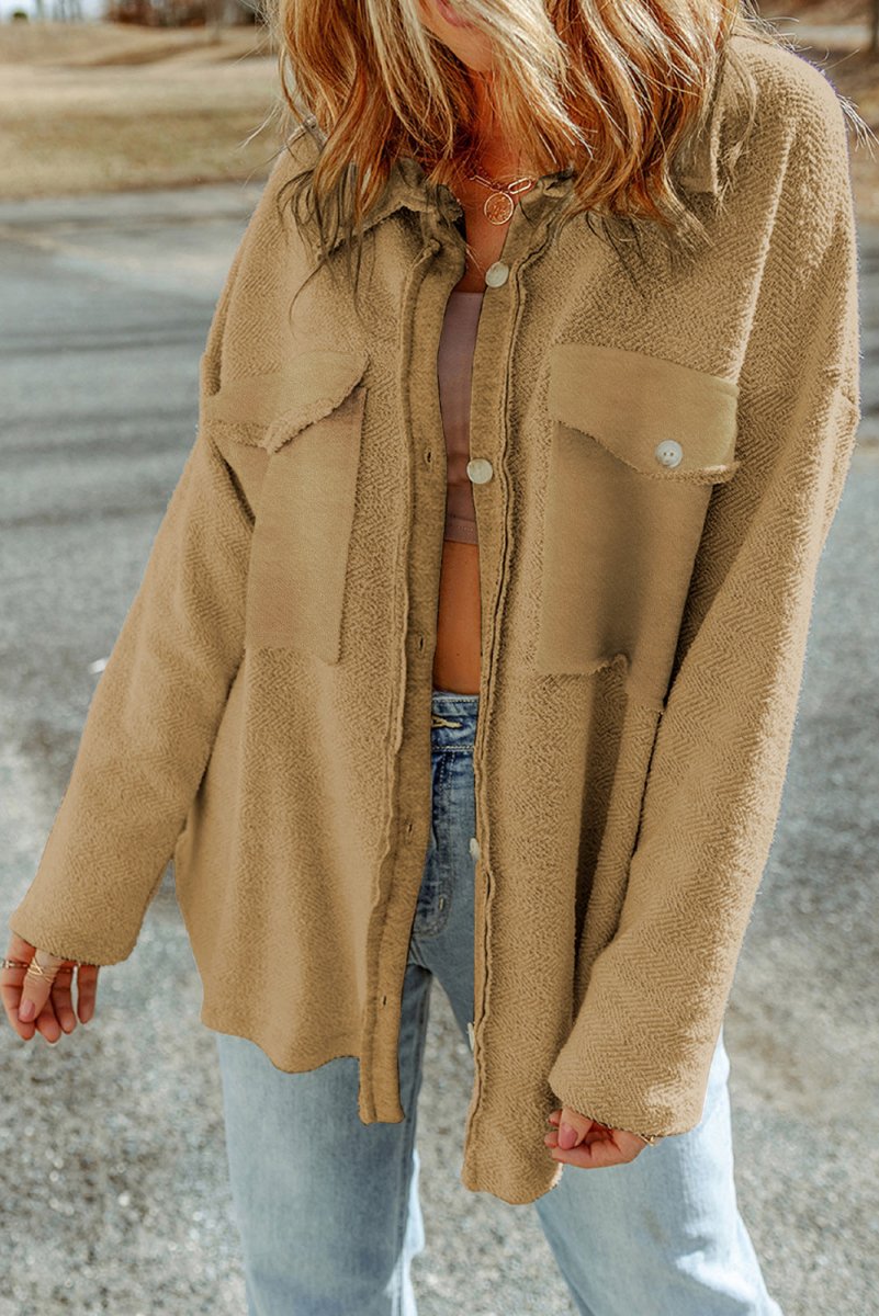 Pocketed Button Up Droppped Shoulder Jacket - Outerwear