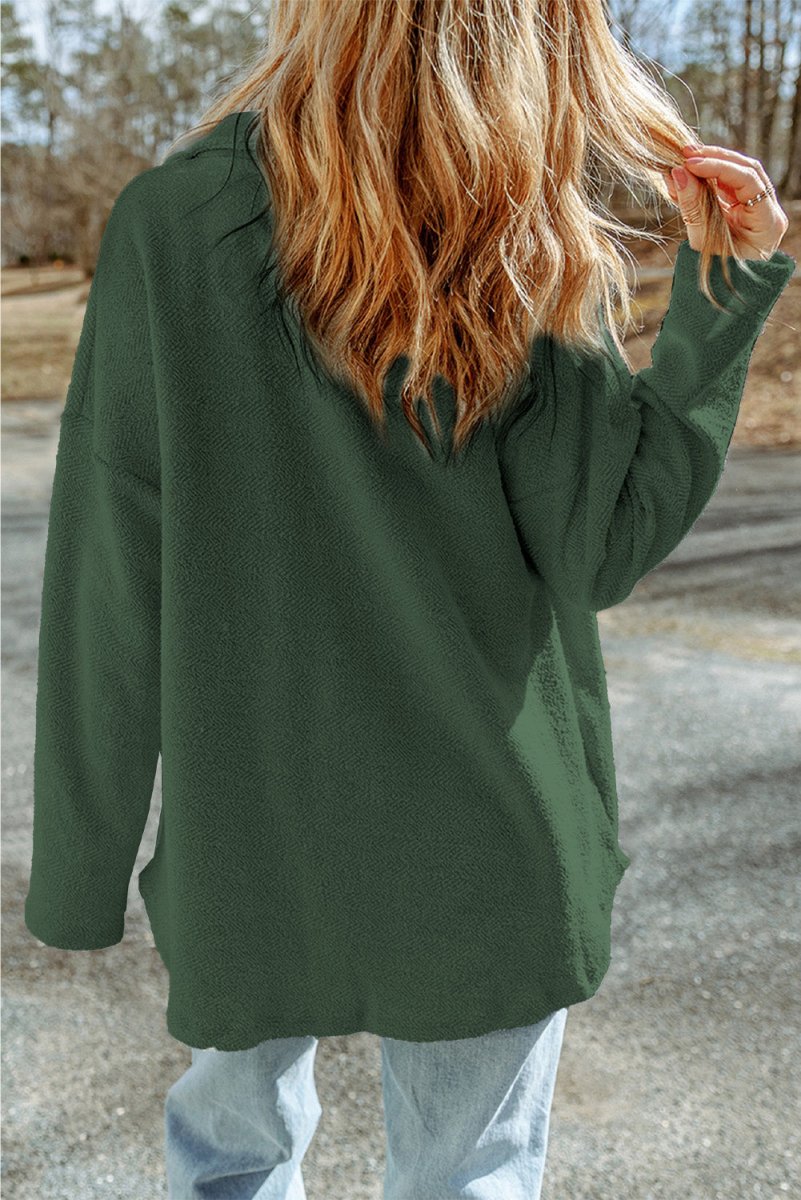 Pocketed Button Up Droppped Shoulder Jacket - Outerwear