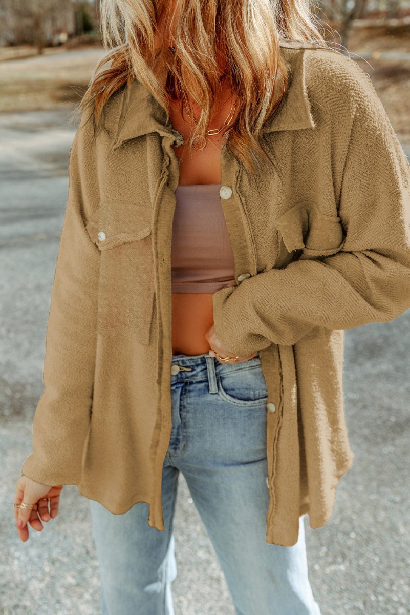 Pocketed Button Up Droppped Shoulder Jacket - Outerwear