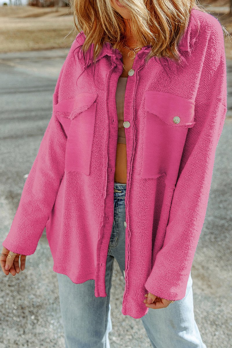 Pocketed Button Up Droppped Shoulder Jacket - Outerwear