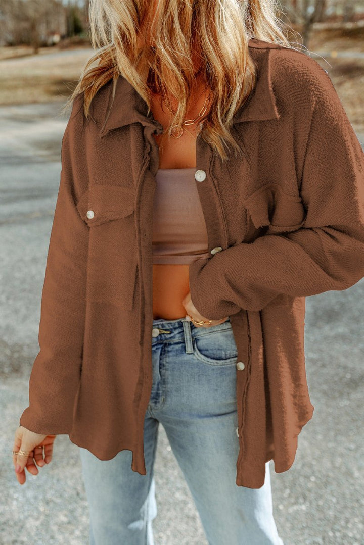Pocketed Button Up Droppped Shoulder Jacket - Outerwear