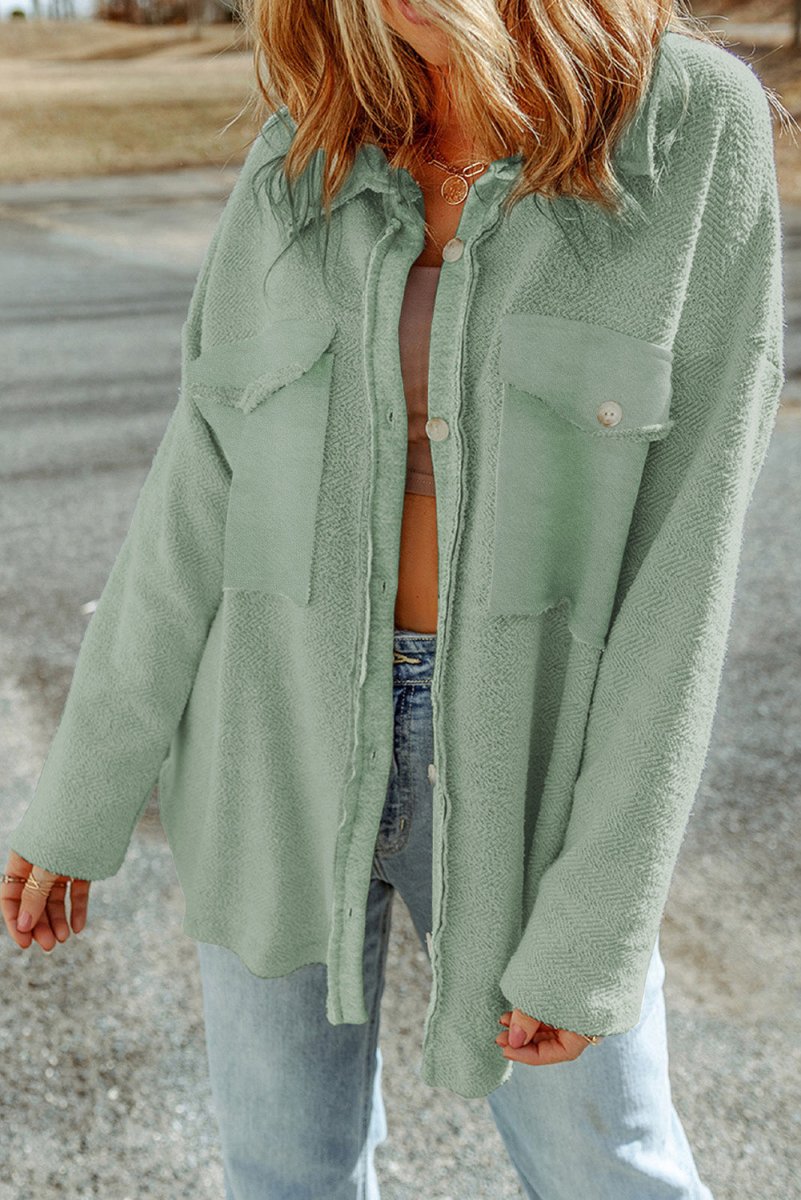Pocketed Button Up Droppped Shoulder Jacket - Outerwear
