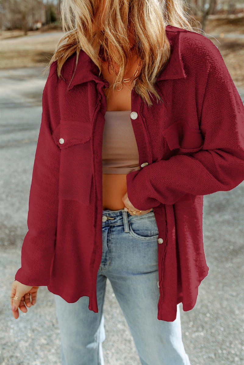 Pocketed Button Up Droppped Shoulder Jacket - Outerwear
