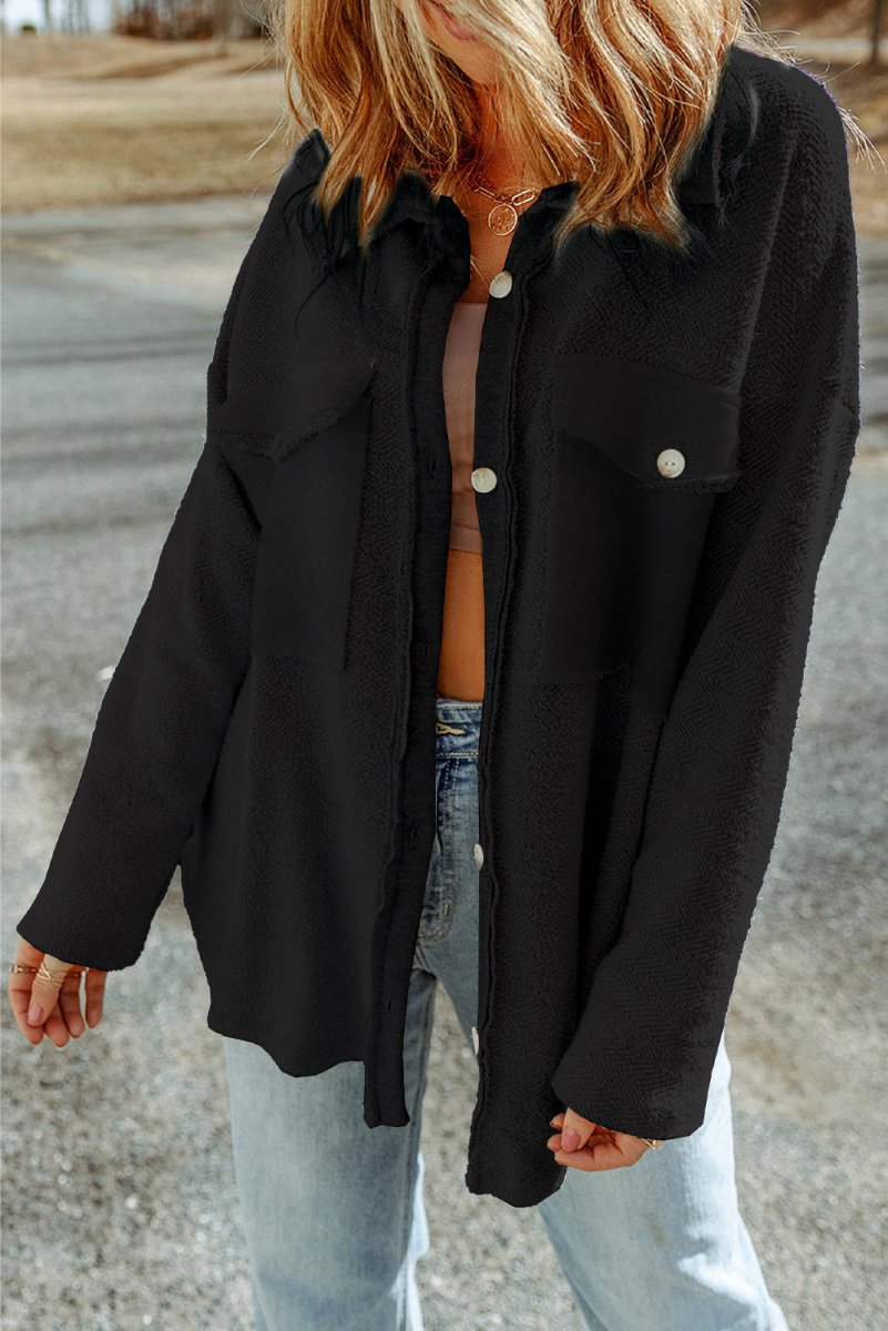 Pocketed Button Up Droppped Shoulder Jacket - Outerwear